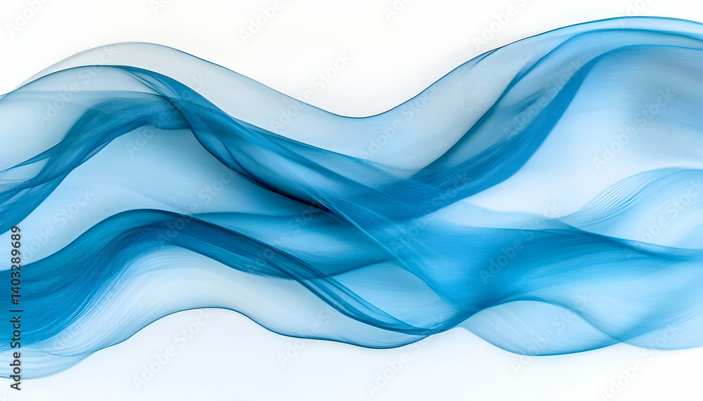 Poster flowing blue fabric creating a serene wave pattern against a soft white background, ideal for calmin