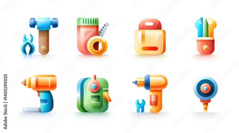 Poster engineering tool icon set concept. colorful set of engineering tool icons in a flat design style