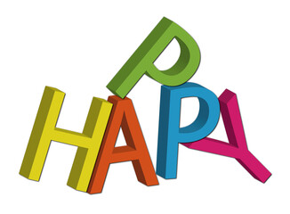 Mot HAPPY en lettres 3D colorées et dynamiques. Typographie joyeuse et ludique en style vectoriel. Design moderne et festif sur fond gris clair. Concept de bonheur et positivité
