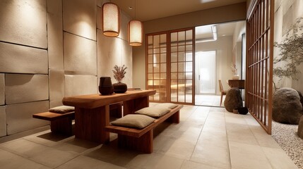Front view of Japandi-style interior featuring washi paper accents with close-up texture detail, minimalist Japanese aesthetics, natural textures, clean lines, neutral tones and warm tranquil lighting