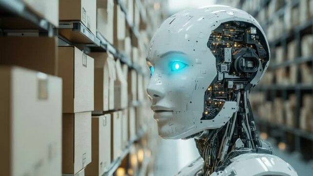 Humanoid robot in a futuristic future, sorts boxes in a warehouse. Takes out or puts boxes, parcels on shelves. 