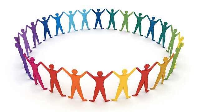 Colorful paper cutout figures, circular formation, unity