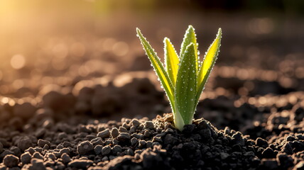 Emerging seedling with dew drops on fresh soil, Symbol of growth and renewal, Soft morning light, Close-up, Minimalist composition.