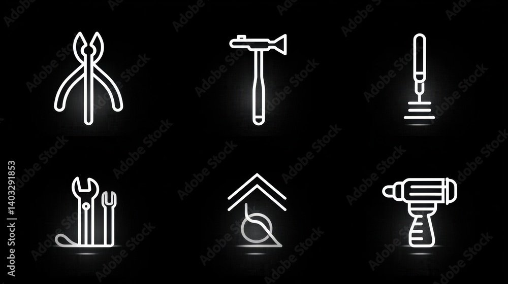 Poster engineering tool icon set concept. professional engineering tool icons set on black background