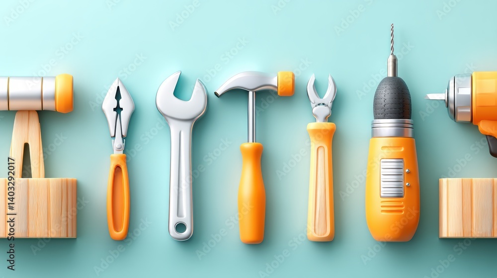 Poster engineering tool icon set concept. professional engineering tools arranged on a turquoise background