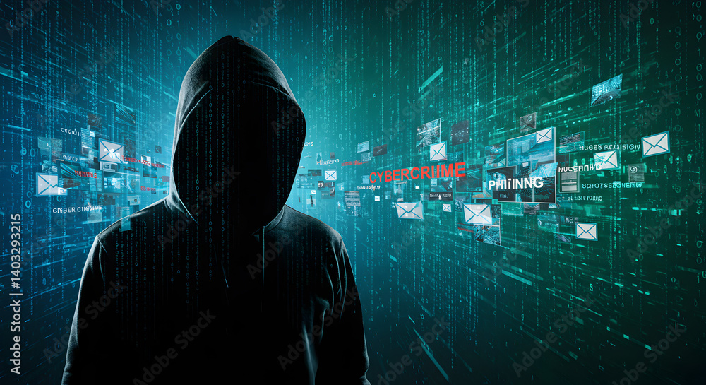Poster silhouette of hacker in hoodie against blue and green digital matrix background with floating data f