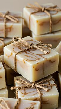 Panning over artisan soap bars with natural swirls and twine wrapped details