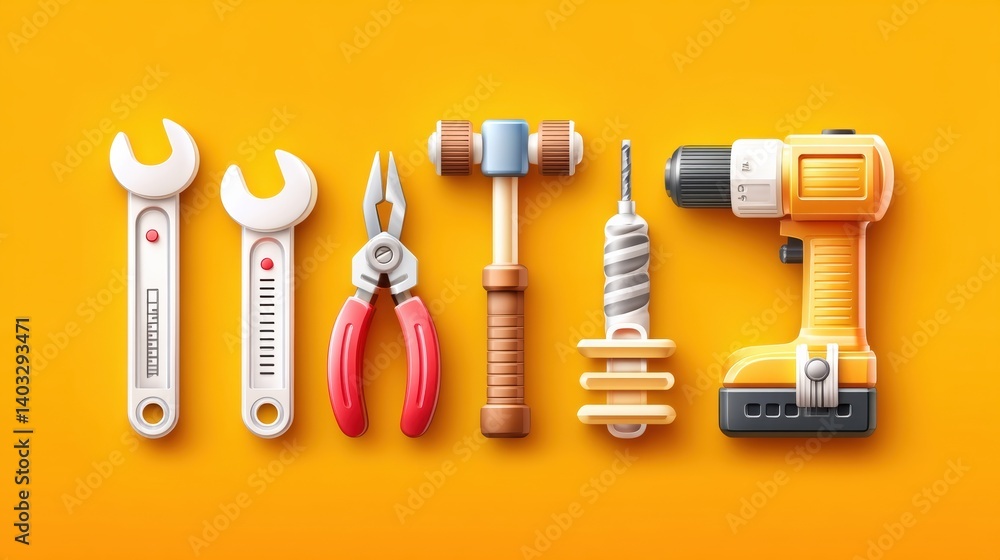 Poster engineering tool icon set concept. set of engineering tools in flat design