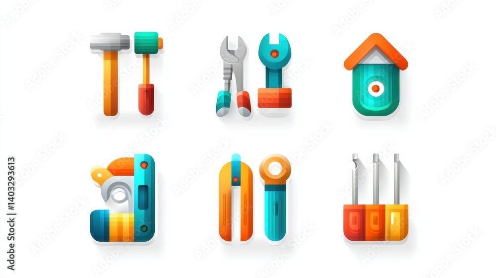 Poster engineering tool icon set concept. set of flat engineering tool icons in various colors