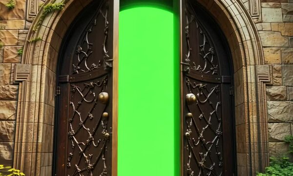 castle gate open showing green screen