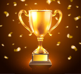 Trophy cup. Award winner, champion prize, golden cup, soccer tournament.