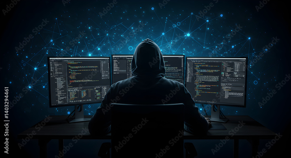 Poster silhouette of hacker in headset using multiple monitors against blue digital background