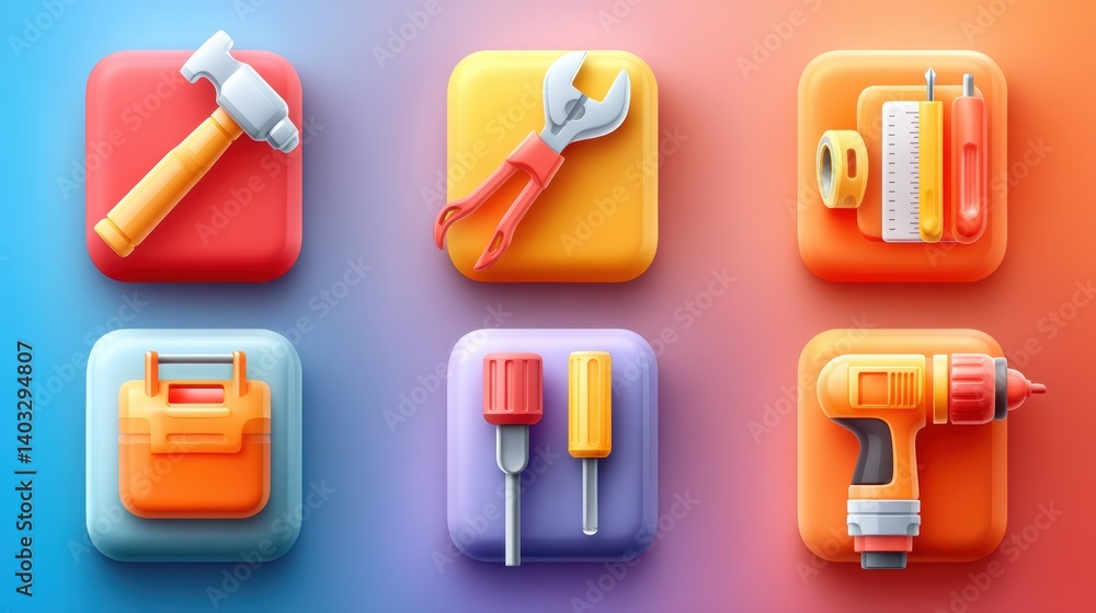 Poster engineering tool icon set concept. set of six engineering icons including tools and hardware