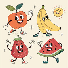 Funky cartoon mascot of apple pear strawberry banana watermelon with happy smile face, hands and feet. Vintage summer vector illustration