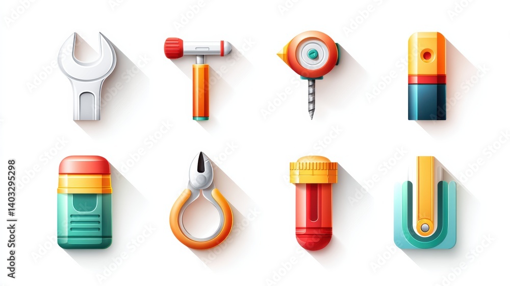 Poster engineering tool icon set concept. set of six engineering tools icons in flat design