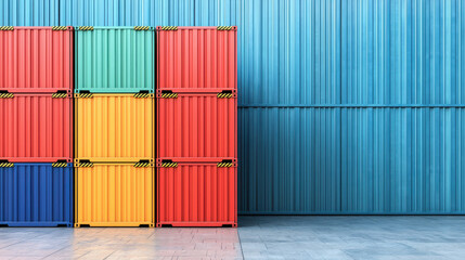 Fototapeta premium Tariff Trade War Concept, Colorful cargo containers stacked unevenly against blue wall create vibrant industrial scene