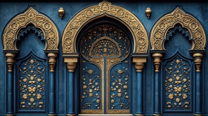 Obraz premium Ornate golden and blue archway with intricate carvings and double doors.