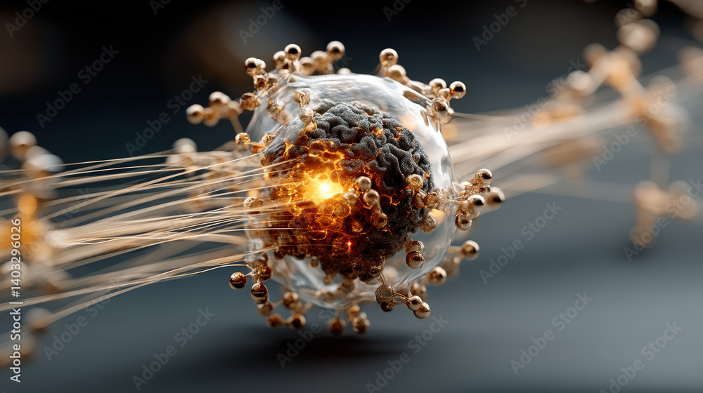 Poster glowing molecular structure with intricate connections and central core, resembling brain, is depicted in futuristic style. image conveys sense of advanced technology and innovation