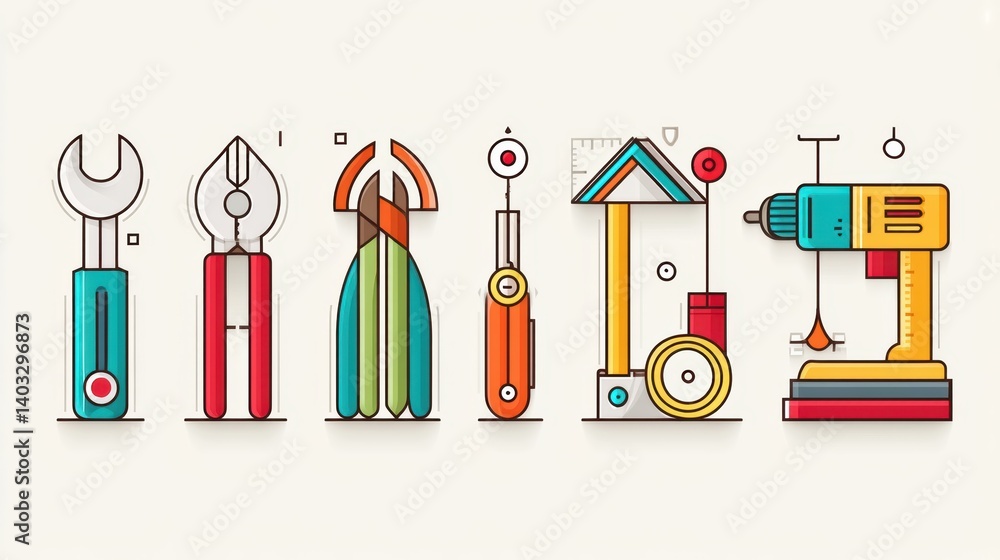 Poster engineering tool icon set concept. six engineering tool icons featuring wrench screwdriver and more