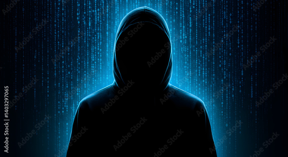 Poster silhouette of a hacker in hoodie against a blue binary code background cyber security concept