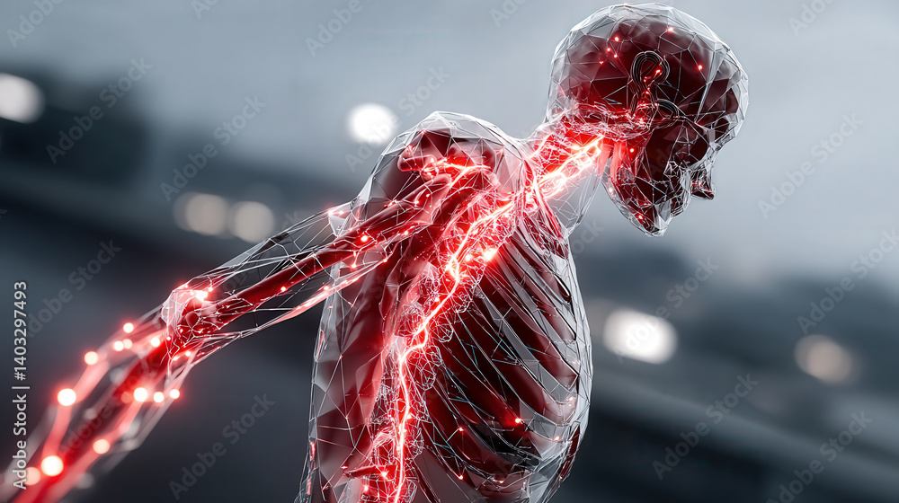 Poster digital representation of human skeleton with glowing red lines highlights nervous system, set against blurred background. image conveys futuristic and technological theme