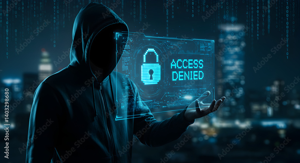 Aufkleber silhouette hacker in hoodie displaying access denied on holographic screen with cityscape