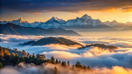 Obraz premium Dense fog rolling in over the Himalayan mountain range at sunrise