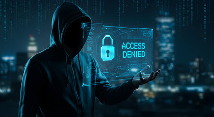 Silhouette Hacker in Hoodie Displaying Access Denied on Holographic Screen with Cityscape
