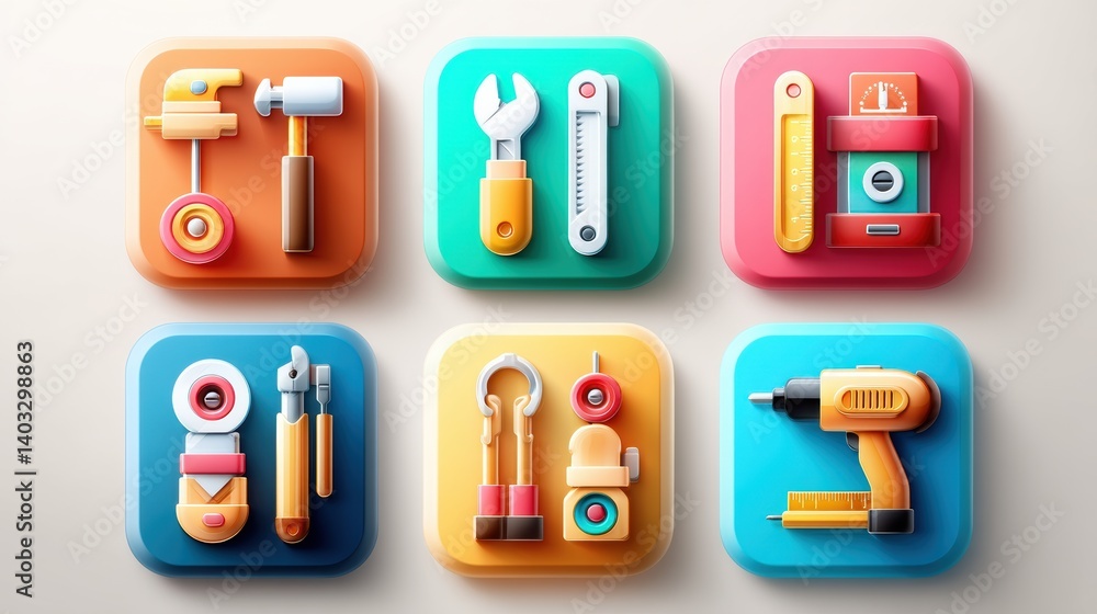 Poster engineering tool icon set concept. six engineering tools icons in modern flat design