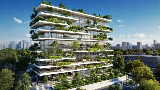 Green Architecture: An eco-conscious skyscraper blends seamlessly with its natural surroundings, showcasing a design that prioritizes sustainability and urban green spaces.