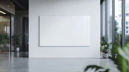 Blank wide white glass office corporate Signage plate Mock Up Template, Clear Printing Board For Branding, Logo. white acrylic advertising signboard proportion 1 : 2 mockup front.