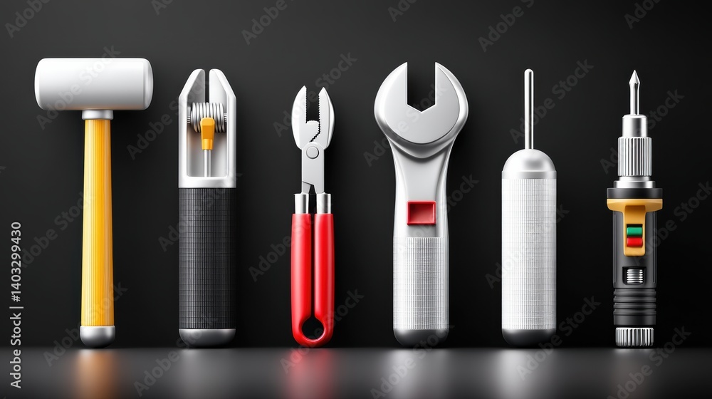 Poster engineering tool icon set concept. six sleek engineering tool icons on a dark background