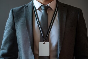 A male employee in formal attire wearing lanyard with white blank employee ID or card.