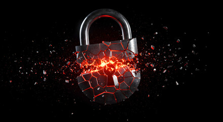 Shattered Padlock with Fiery Core Symbolizing Security Breach on Black Background