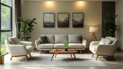 serene living room design, warm sandy beige wall, modern furniture, soft textures, calm tone,