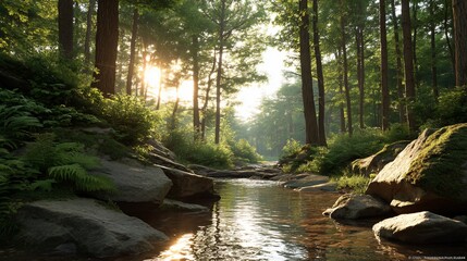Sunlit stream flows through a lush forest
