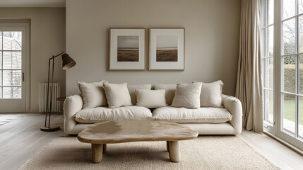 simple warm living room, soft beige walls, soft cream furnishings, light wood decor,