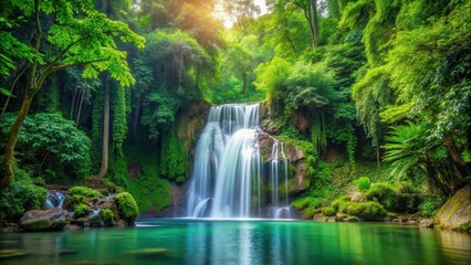 Fototapeta premium waterfall amidst lush green forest, natural beauty, peaceful, natural beauty, peaceful, ecosystem, river, tranquility