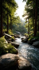 Obraz premium Sunlit stream flows through lush forest, rocks line its banks
