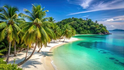 Fototapeta premium Palm trees swaying in ocean breeze amidst turquoise waters and white sandy beach of Mergui Archipelago's pristine island, beach scenery, mergui archipelago
