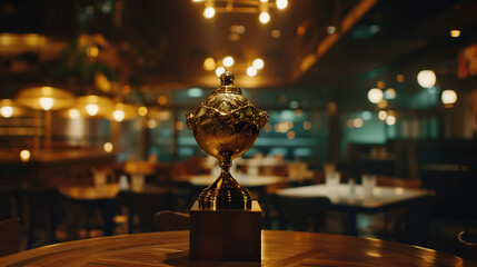 Luxury restaurant interior with golden trophy on wooden podium, elegant award ceremony concept for fine dining excellence and culinary achievement.