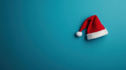 Santa hat, blue background, Christmas, festive, flat lay, copy space, holiday, greeting card