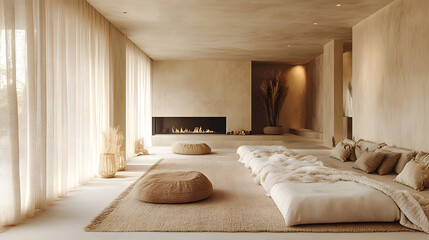 interior design with warm tan paint, soft mood lighting, warm textures,