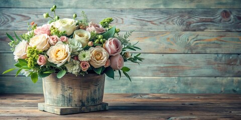 An elegant vintage floral arrangement in a distressed wooden vase with a soft pastel color palette and lush greenery