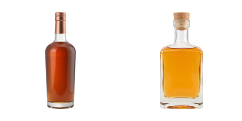 Elegant glass bottles filled with amber liquid, showcasing rich color and unique shapes. Perfect for spirits or gourmet oils