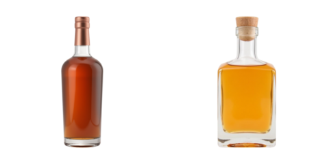 Elegant glass bottles filled with amber liquid, showcasing rich color and unique shapes. Perfect for spirits or gourmet oils