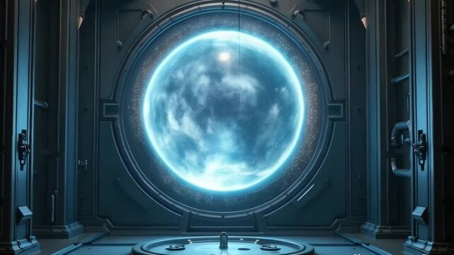 A futuristic space station room with a glowing blue planet visible through a large circular window, surrounded by sci-fi metal walls and high-tech details.

