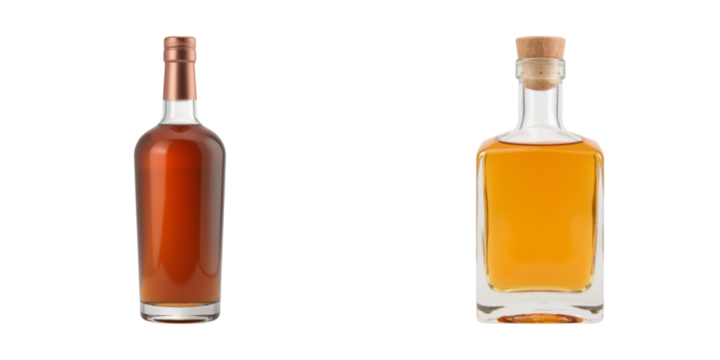 Elegant glass bottles filled with amber liquid, showcasing rich color and unique shapes. Perfect for spirits or gourmet oils