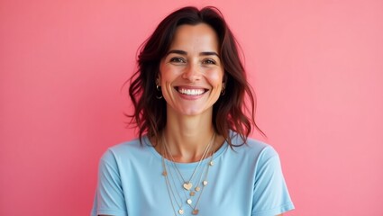 Fototapeta premium Smiling Woman in Light Blue Shirt