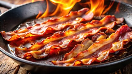Fototapeta premium Close-up of sizzling bacon in a hot pan, appetizing, enticing, appetizing, enticing, crispy